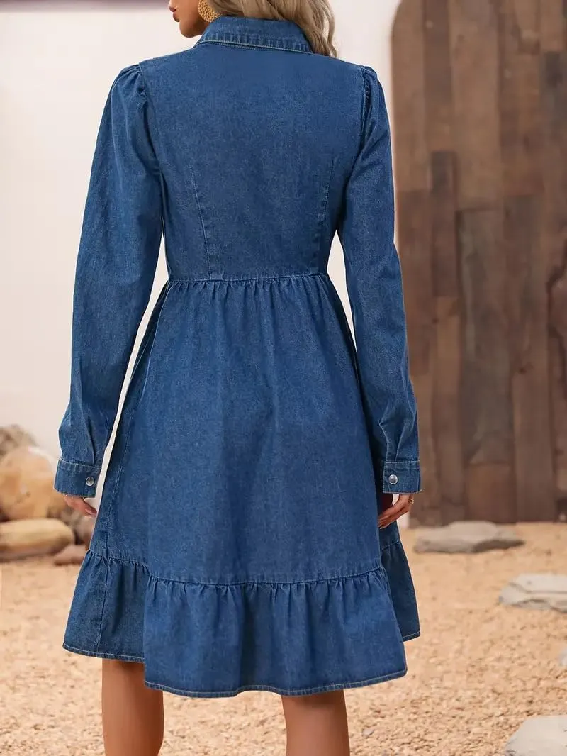 utcoco Women's Flowy Denim Dress 2025 Vacation Lapel Long Puff Sleeve Button Down A Line Swing Ruffle Jean Dress