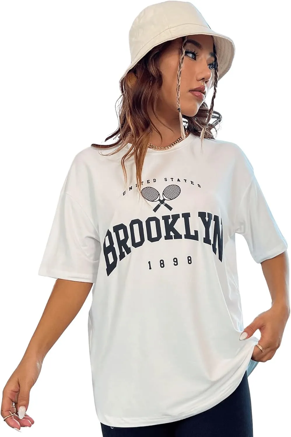 Verdusa Women's Casual Crewneck Short Sleeve Letter Graphic Drop Shoulder Oversized Tee T Shirt