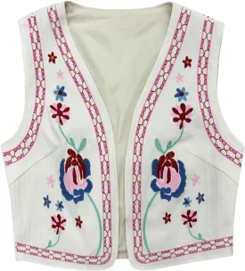 Verdusa Women's Vintage Embroidery Vest Top Open Front Sleeveless Cropped Cardigan Boho Cowgirl Vest Jacket