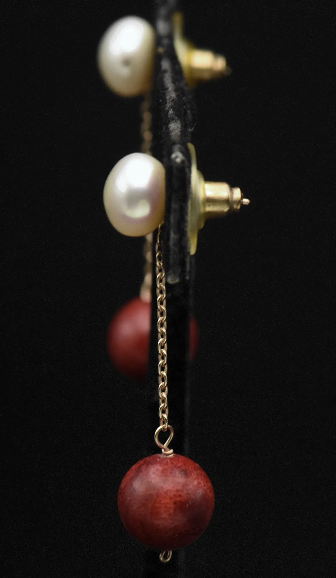 Vintage 14K Gold Red Coral and Cultured Pearl Earrings
