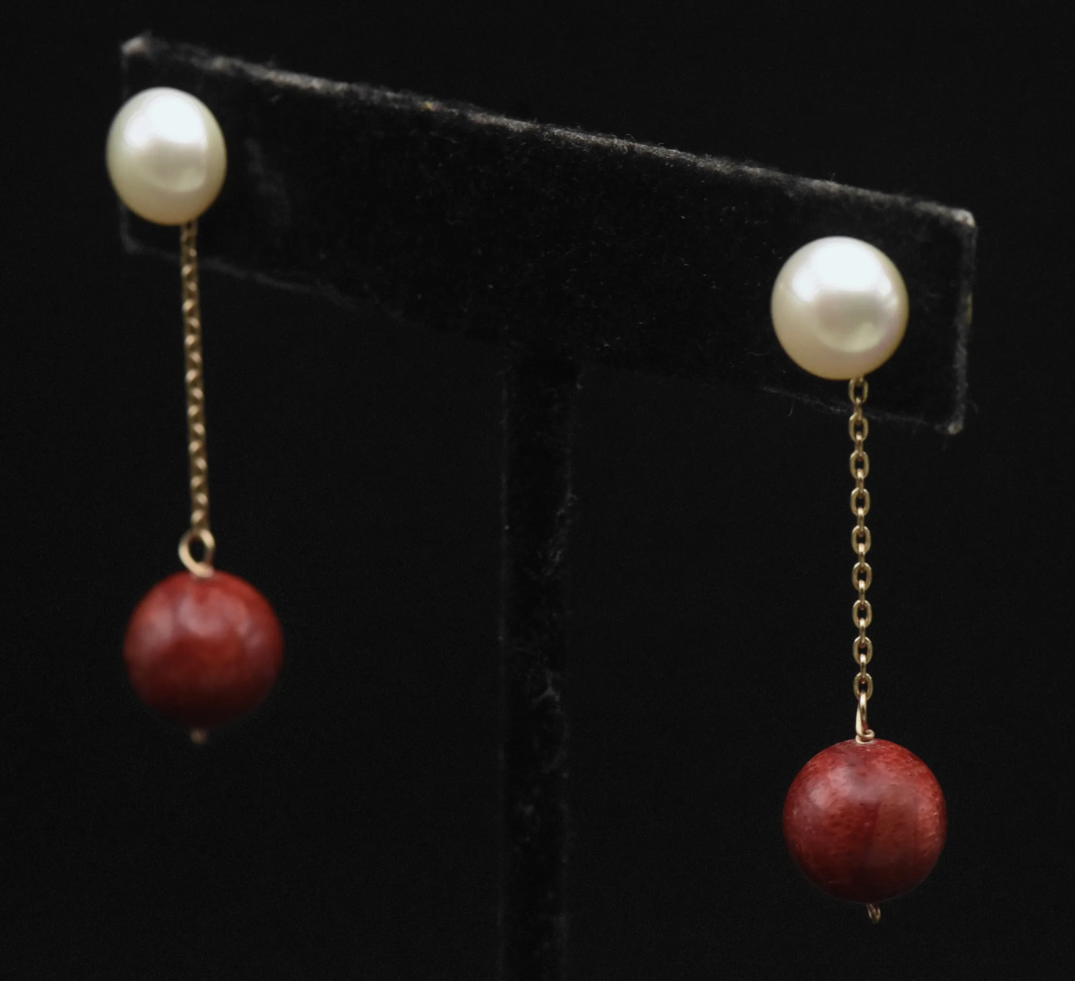 Vintage 14K Gold Red Coral and Cultured Pearl Earrings