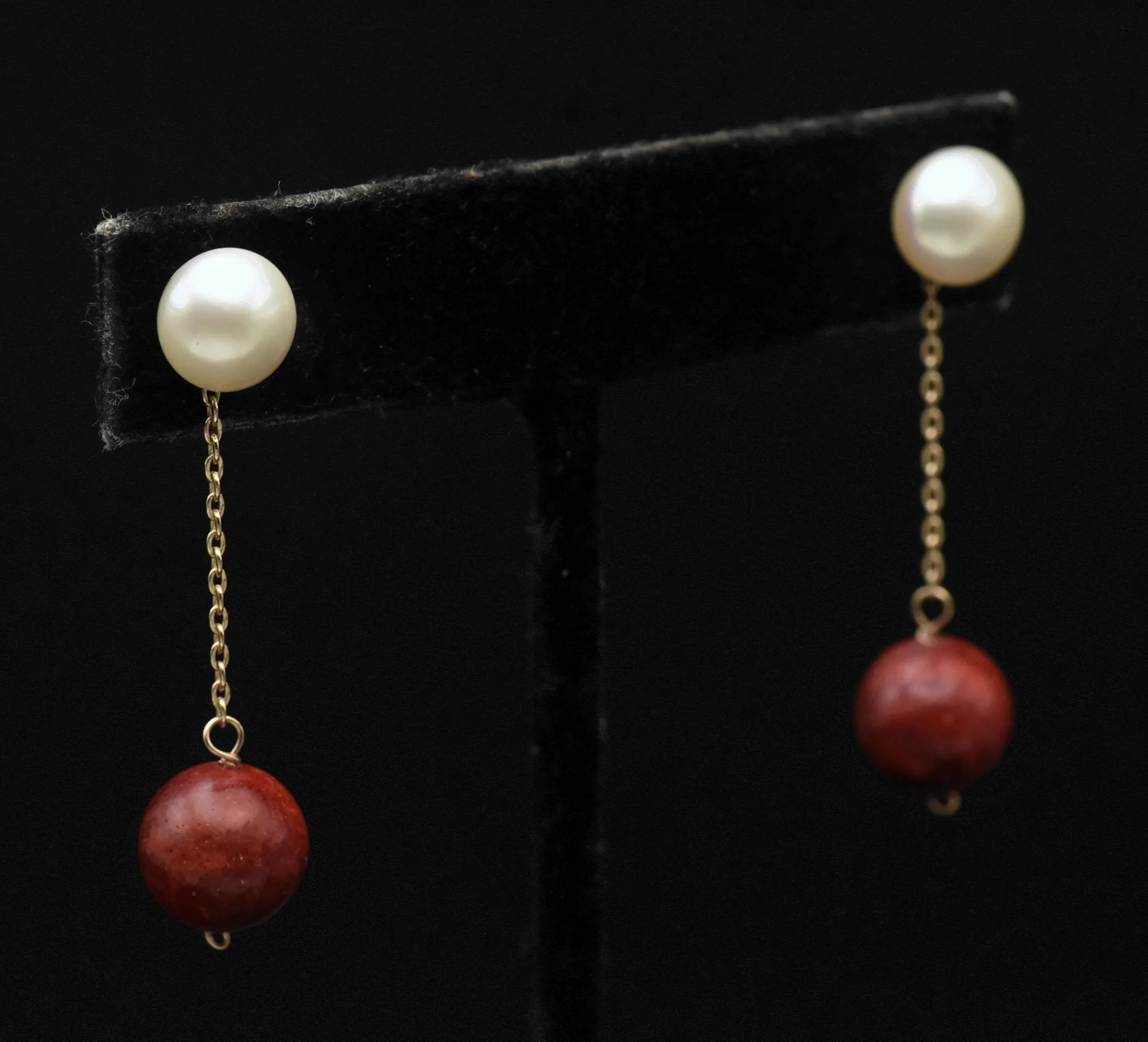 Vintage 14K Gold Red Coral and Cultured Pearl Earrings