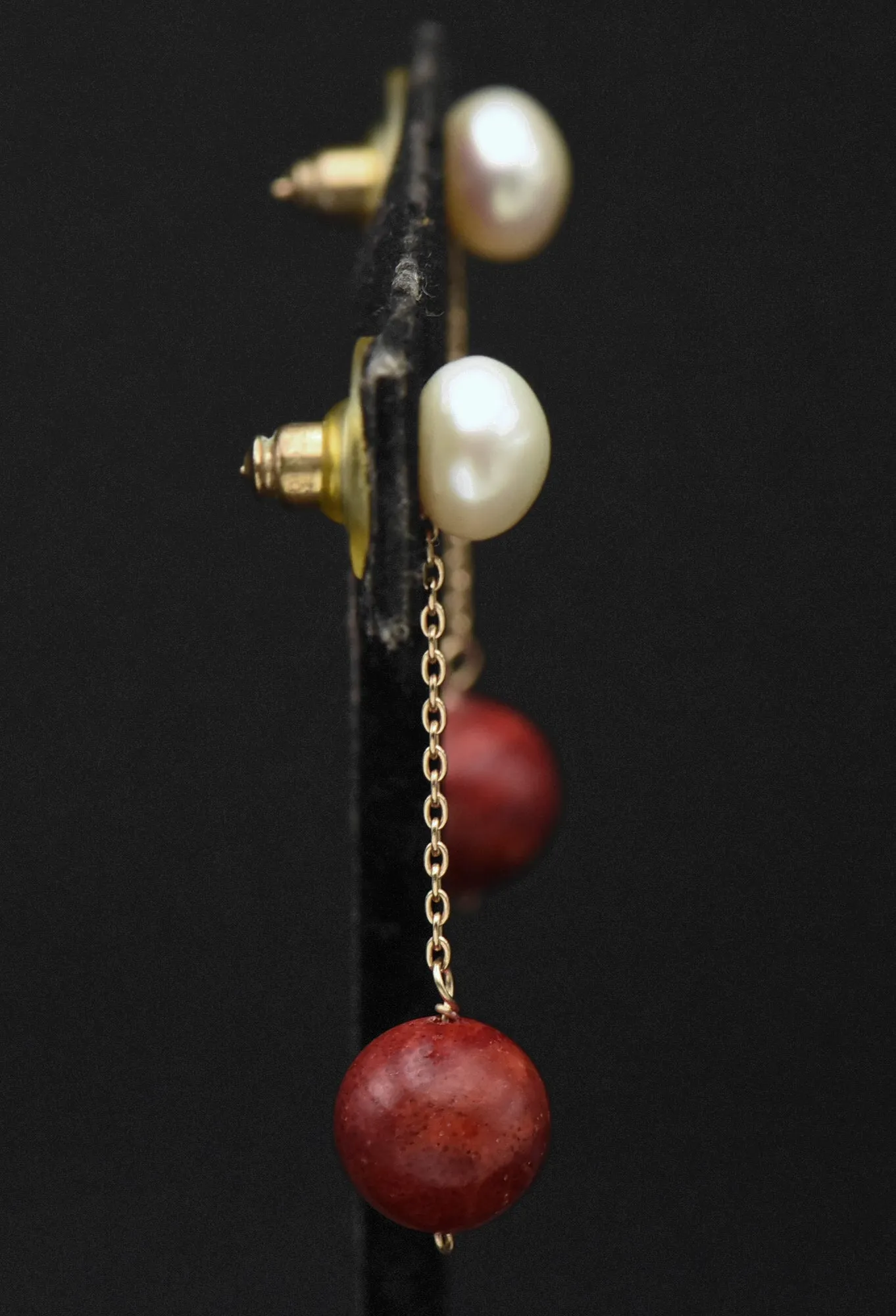 Vintage 14K Gold Red Coral and Cultured Pearl Earrings
