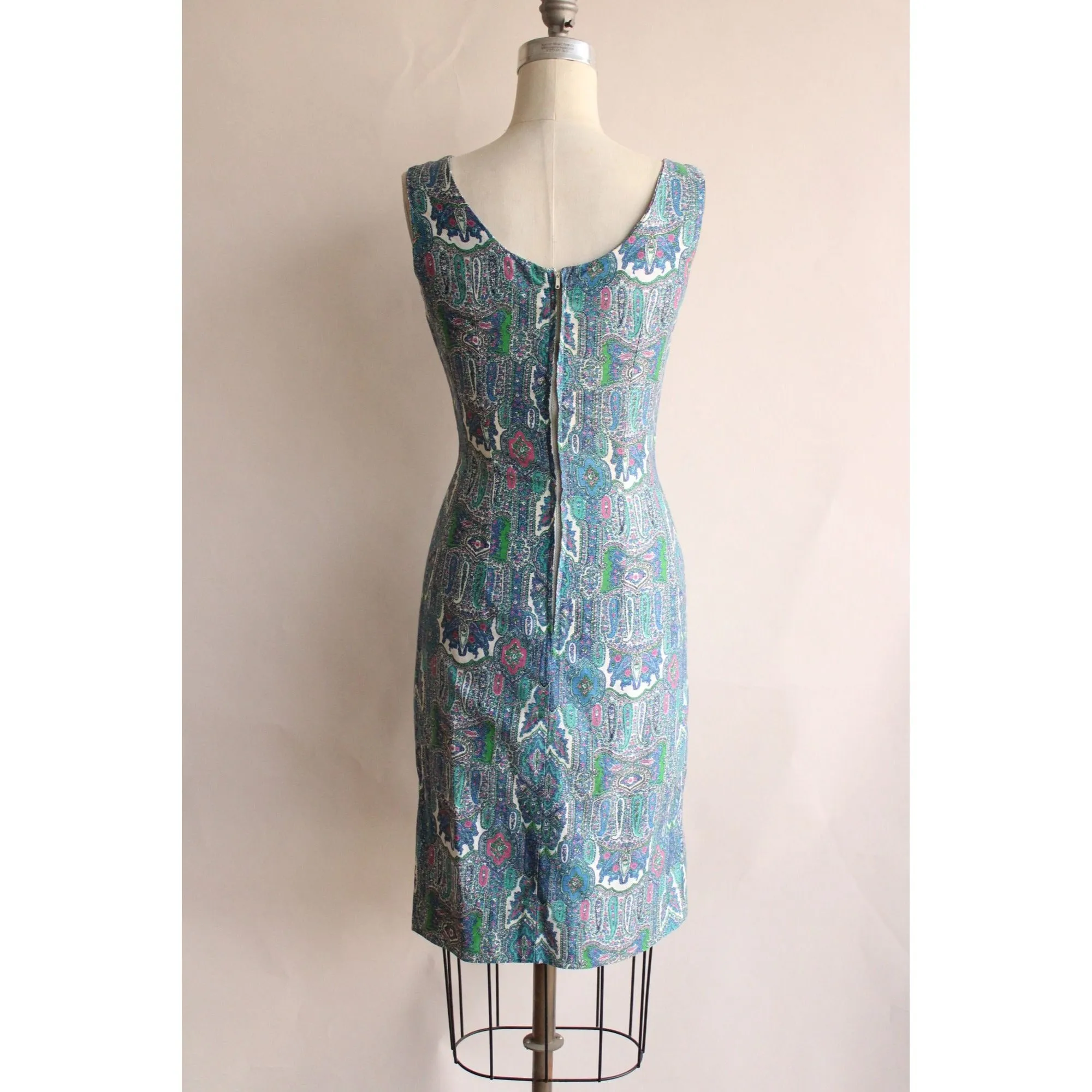 Vintage 1950s Wiggle Dress in a Blue Paisley Print