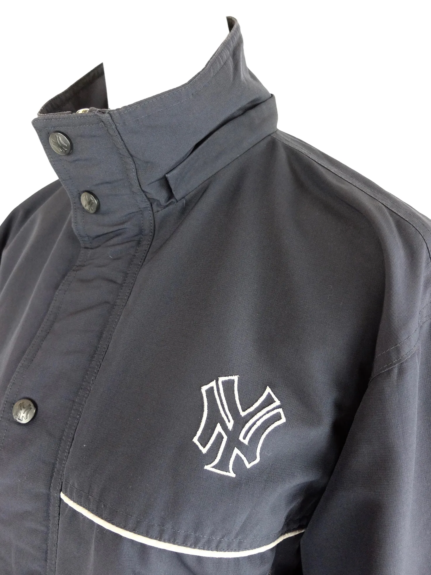 Vintage 90s Men’s New York Yankees Streetwear Athletic Sports Utility Dark Navy Blue Nylon Zip Up & Snap Button Down Windbreaker Shell Jacket | Men’s Size M