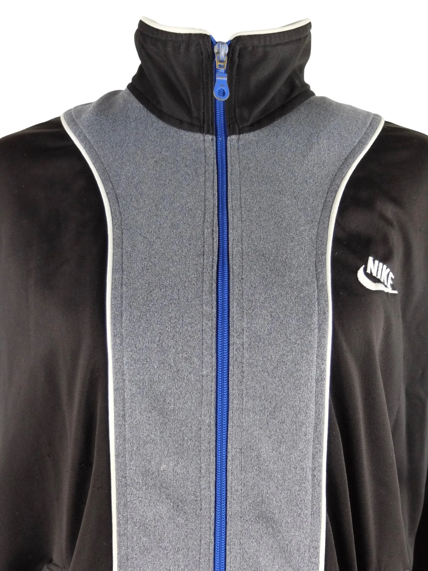 Vintage 90s Y2K Nike Sports Grey Blue & Black Zip Up Track Top Jacket with Sleeve Spellout | Men’s Size M