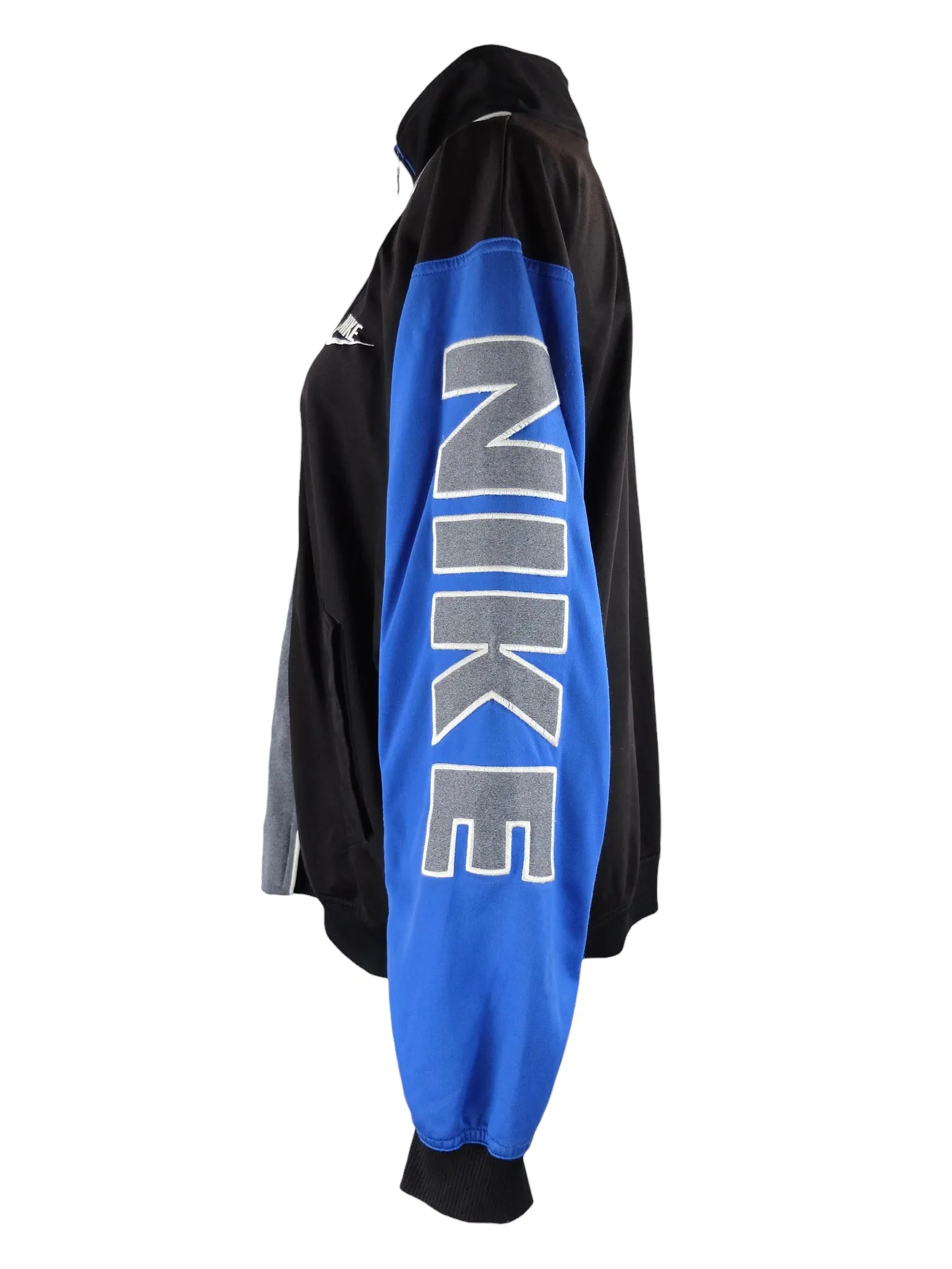 Vintage 90s Y2K Nike Sports Grey Blue & Black Zip Up Track Top Jacket with Sleeve Spellout | Men’s Size M