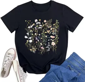 Vintage Boho Floral T Shirt for Women Cute Colorful Wildflowers Graphic Short Sleeve Fashion Girl Botanical Tee Tops