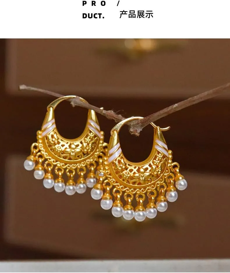 Vintage Chinese Style Chandelier Hoop Earrings with Blue/Red Agate Beads and Pearl Tassels - 18K Gold Plated Brass - Women's Bohemian Jewelry