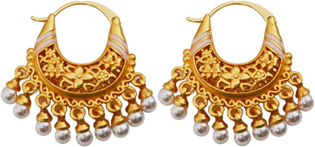 Vintage Chinese Style Chandelier Hoop Earrings with Blue/Red Agate Beads and Pearl Tassels - 18K Gold Plated Brass - Women's Bohemian Jewelry