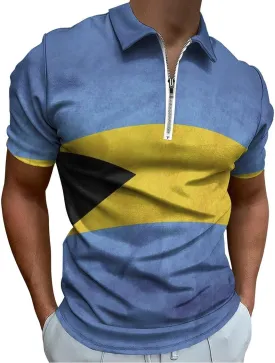Vintage Style Bahamian Flag Trendy Polo Shirts for Men Short Sleeve Lapel Collar Zipper T-Shirts Outdoor Sports