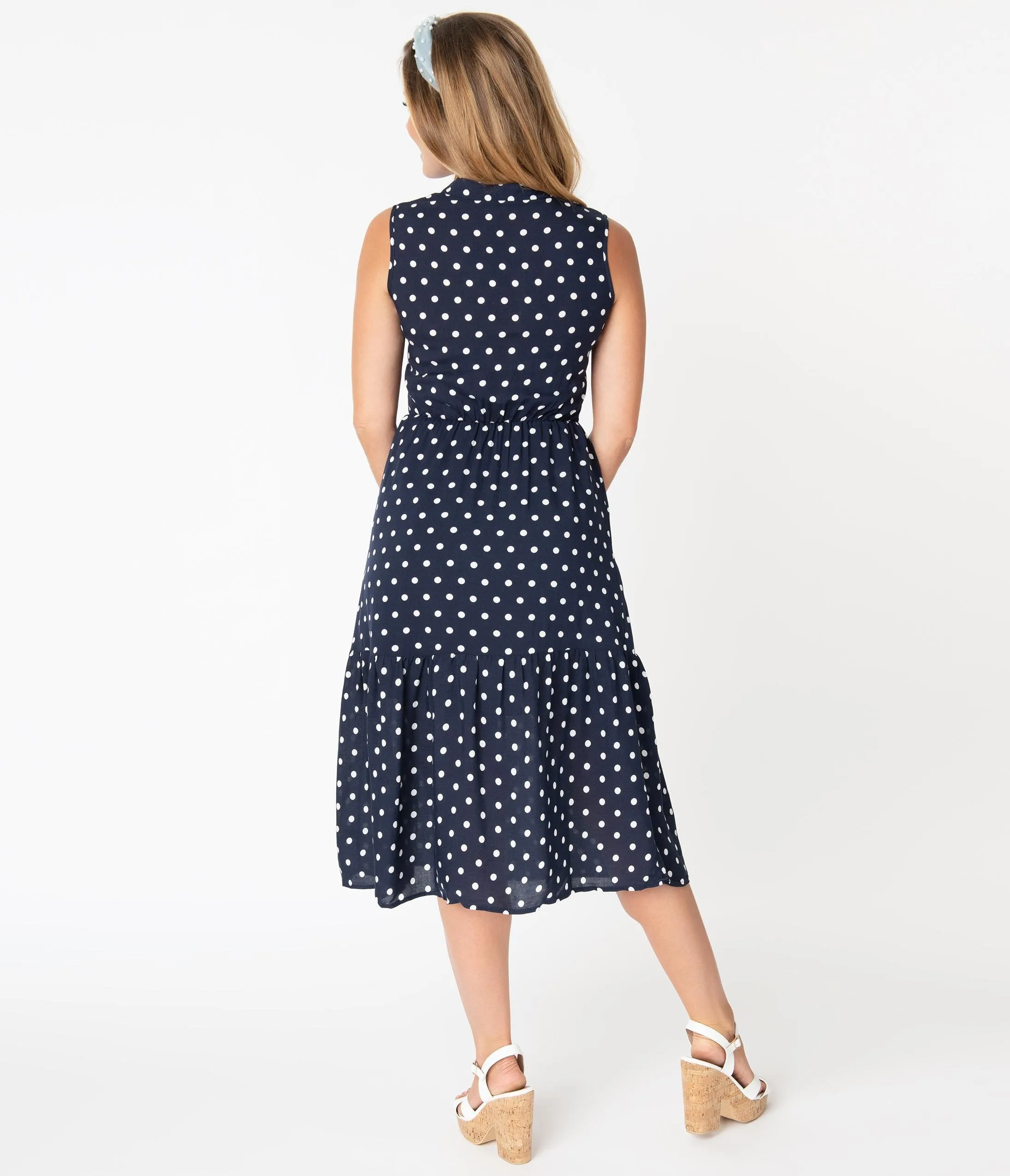 Vintage Style Navy Blue & Ivory Polka Dot Midi Dress