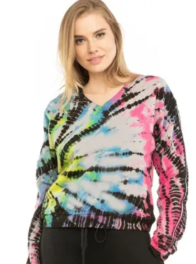 Vintage V Neck Sweatshirt with Spiral Lizard Neon Dye