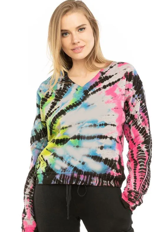 Vintage V Neck Sweatshirt with Spiral Lizard Neon Dye