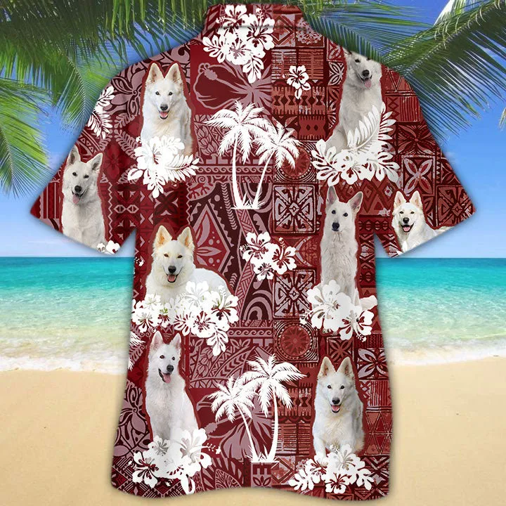 White German Shepherd Hawaiian Shirt, Cute Dog Hawaii Shirt Red Pattern