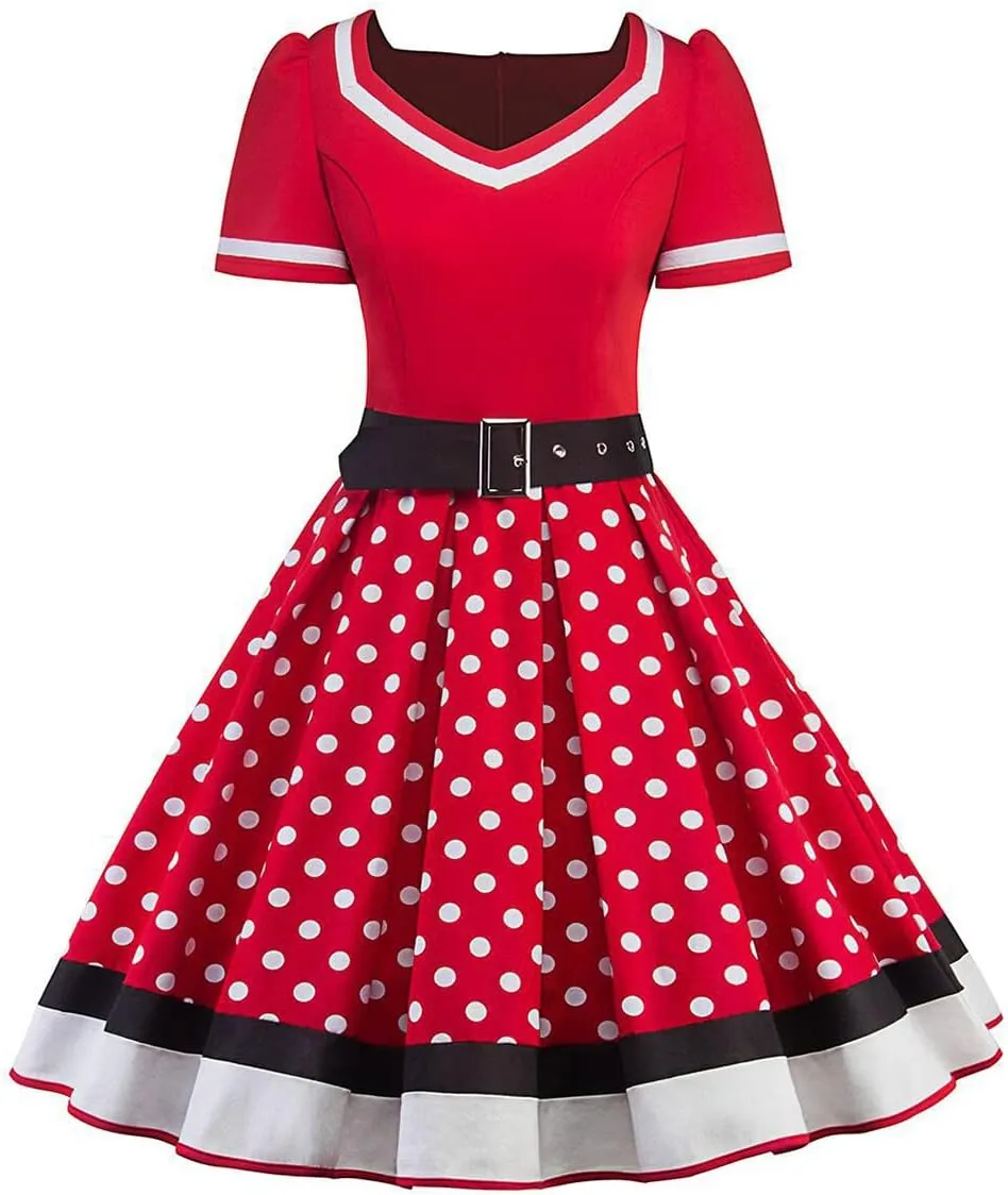 Women Short Sleeve 1950s Retro Vintage Cocktail Party Swing Dress Polka Dot Audrey Dress Casual A-Line Work Dress with Belt