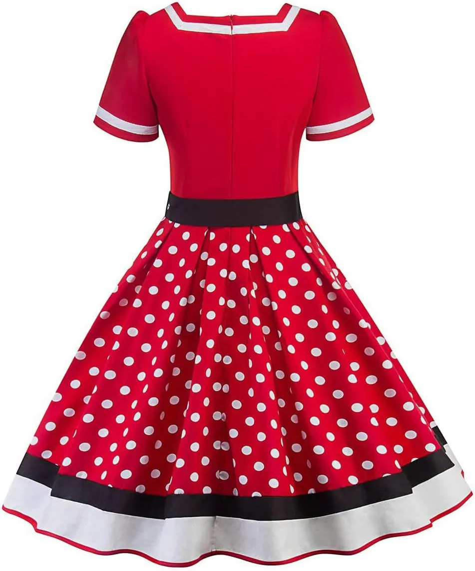 Women Short Sleeve 1950s Retro Vintage Cocktail Party Swing Dress Polka Dot Audrey Dress Casual A-Line Work Dress with Belt
