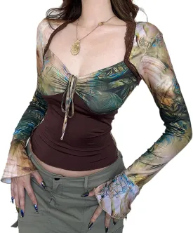 Women Tight Tops Abstract Print Vintage Ruched Drawstring Long Sleeves Crop Tops