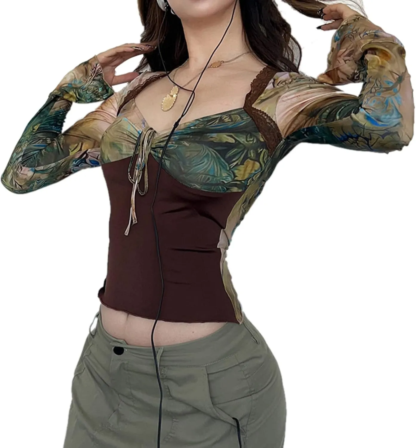Women Tight Tops Abstract Print Vintage Ruched Drawstring Long Sleeves Crop Tops