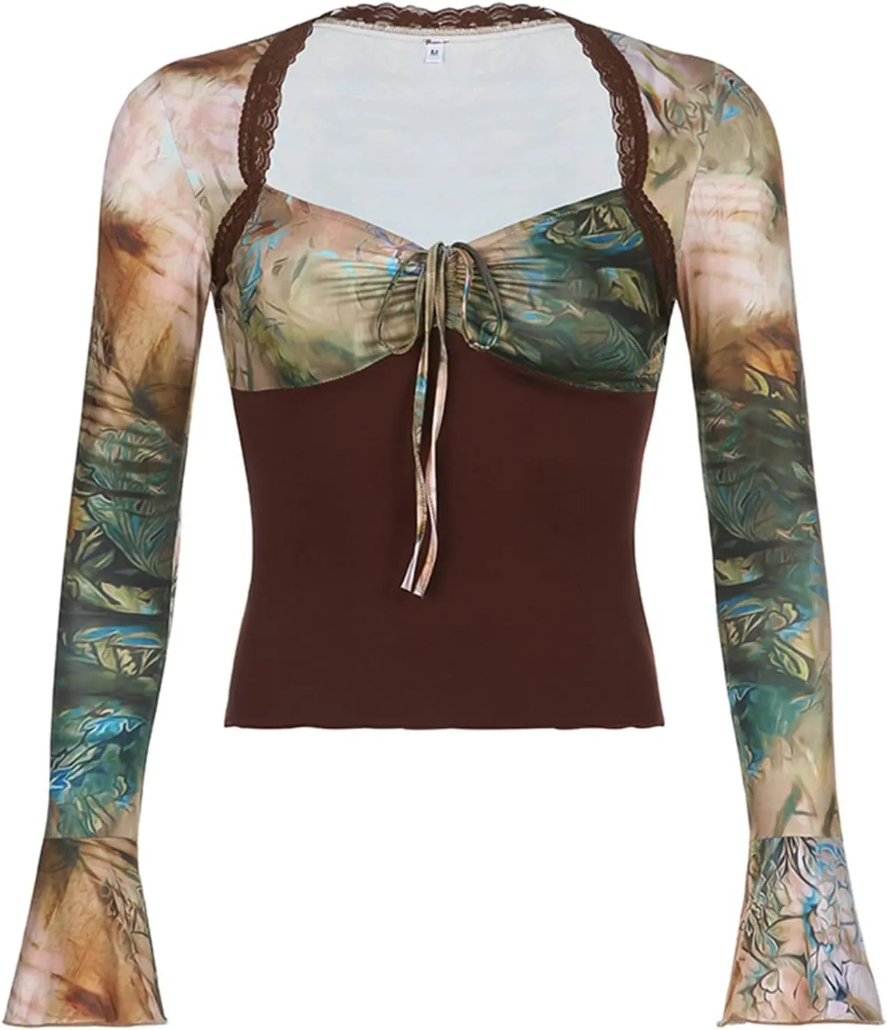 Women Tight Tops Abstract Print Vintage Ruched Drawstring Long Sleeves Crop Tops