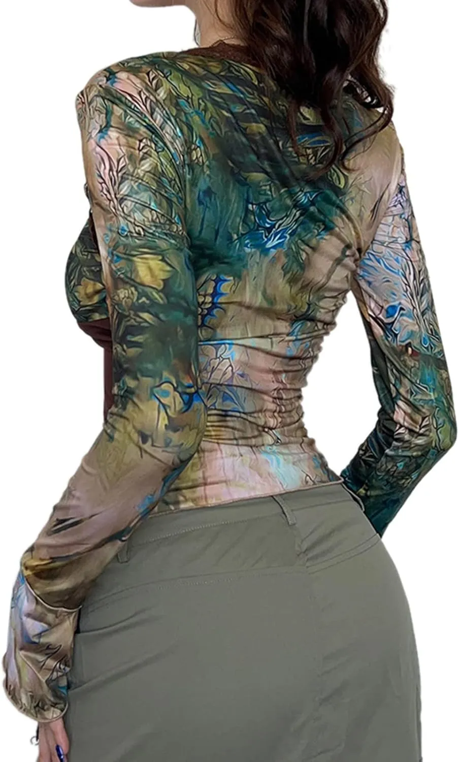 Women Tight Tops Abstract Print Vintage Ruched Drawstring Long Sleeves Crop Tops