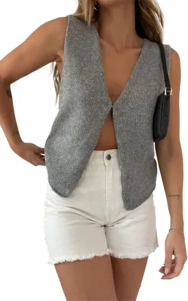 Women Y2k Crochet Vest Top Vintage Solid Color V Neck Sleeveless Button Down Crop Tops Streetwear