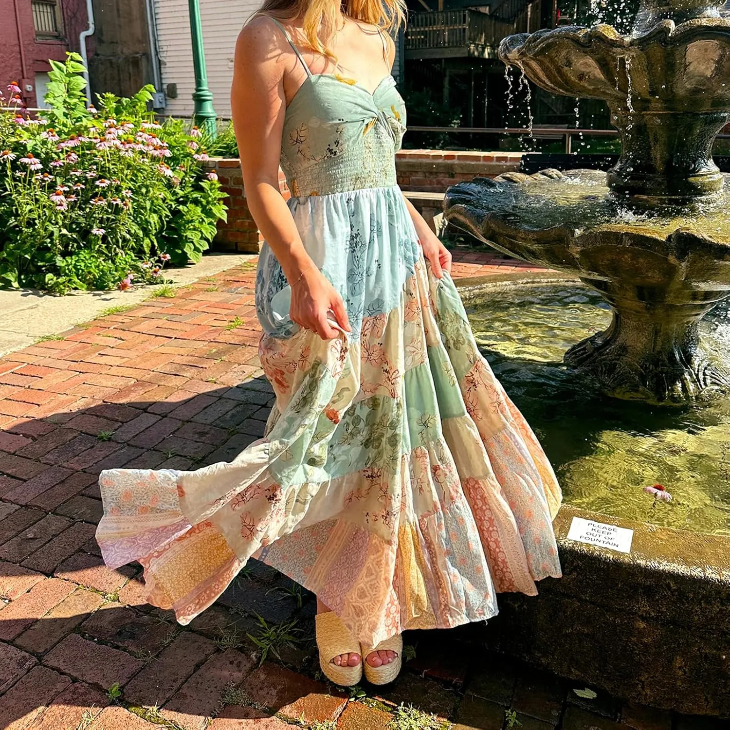Womens Boho Floral Maxi Dress Y2K Cottage Spaghetti Strap Tiered Beach Vacation Dress Summer Long Flowy Sundress