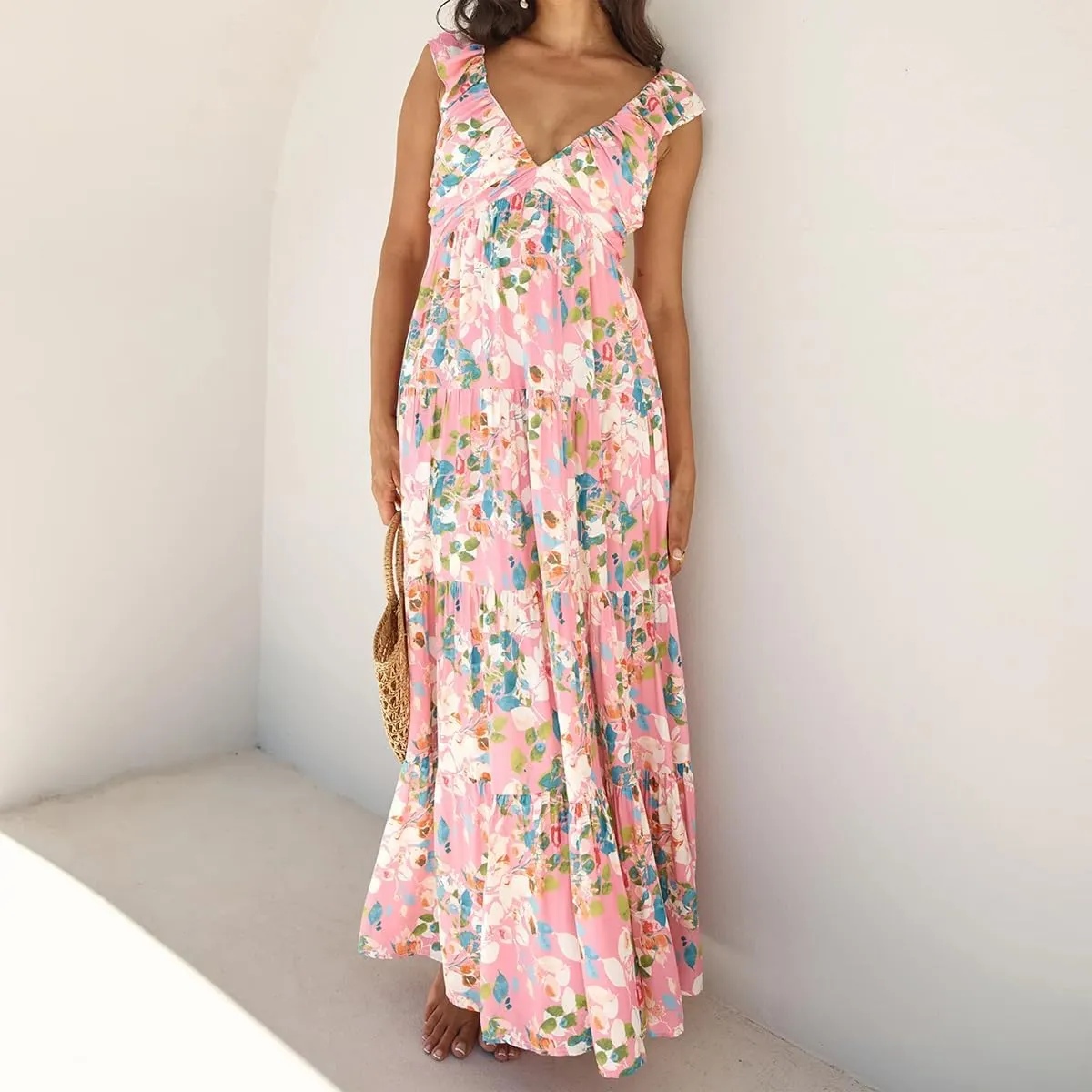 Womens Boho Floral Maxi Dress Y2K Cottage Spaghetti Strap Tiered Beach Vacation Dress Summer Long Flowy Sundress