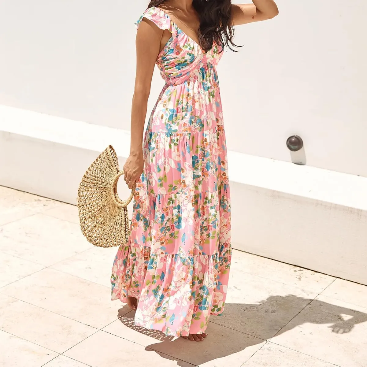 Womens Boho Floral Maxi Dress Y2K Cottage Spaghetti Strap Tiered Beach Vacation Dress Summer Long Flowy Sundress