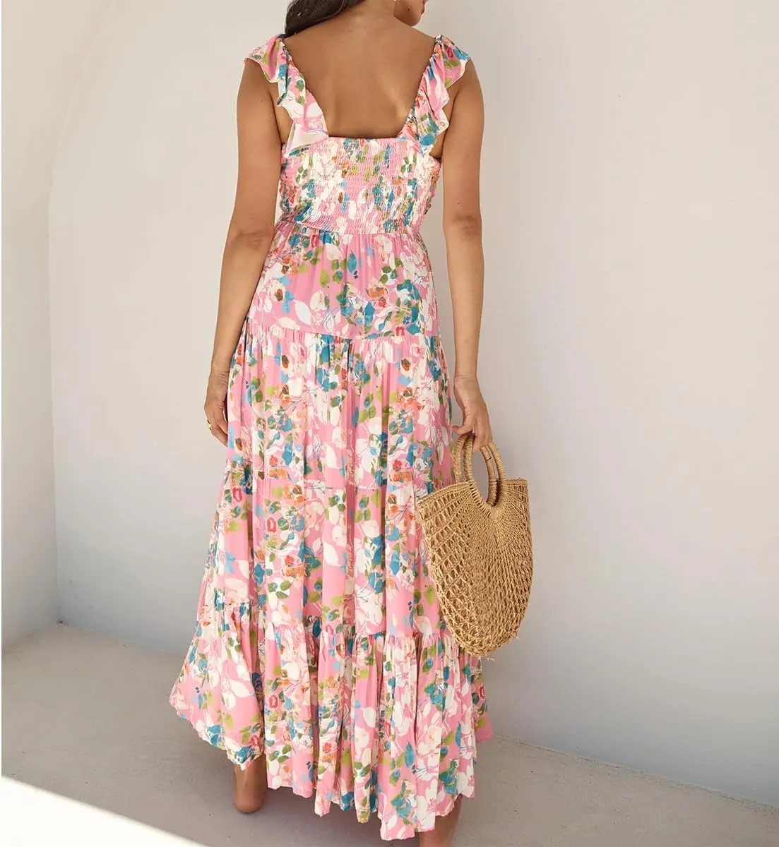 Womens Boho Floral Maxi Dress Y2K Cottage Spaghetti Strap Tiered Beach Vacation Dress Summer Long Flowy Sundress