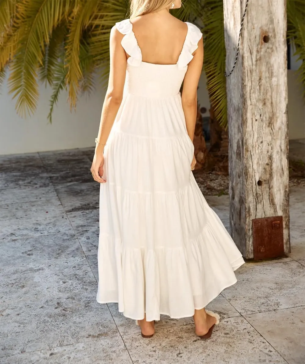 Womens Boho Floral Maxi Dress Y2K Cottage Spaghetti Strap Tiered Beach Vacation Dress Summer Long Flowy Sundress