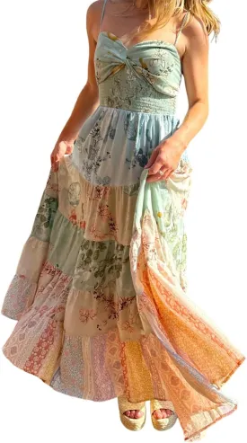 Womens Boho Floral Maxi Dress Y2K Cottage Spaghetti Strap Tiered Beach Vacation Dress Summer Long Flowy Sundress