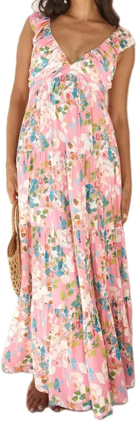 Womens Boho Floral Maxi Dress Y2K Cottage Spaghetti Strap Tiered Beach Vacation Dress Summer Long Flowy Sundress