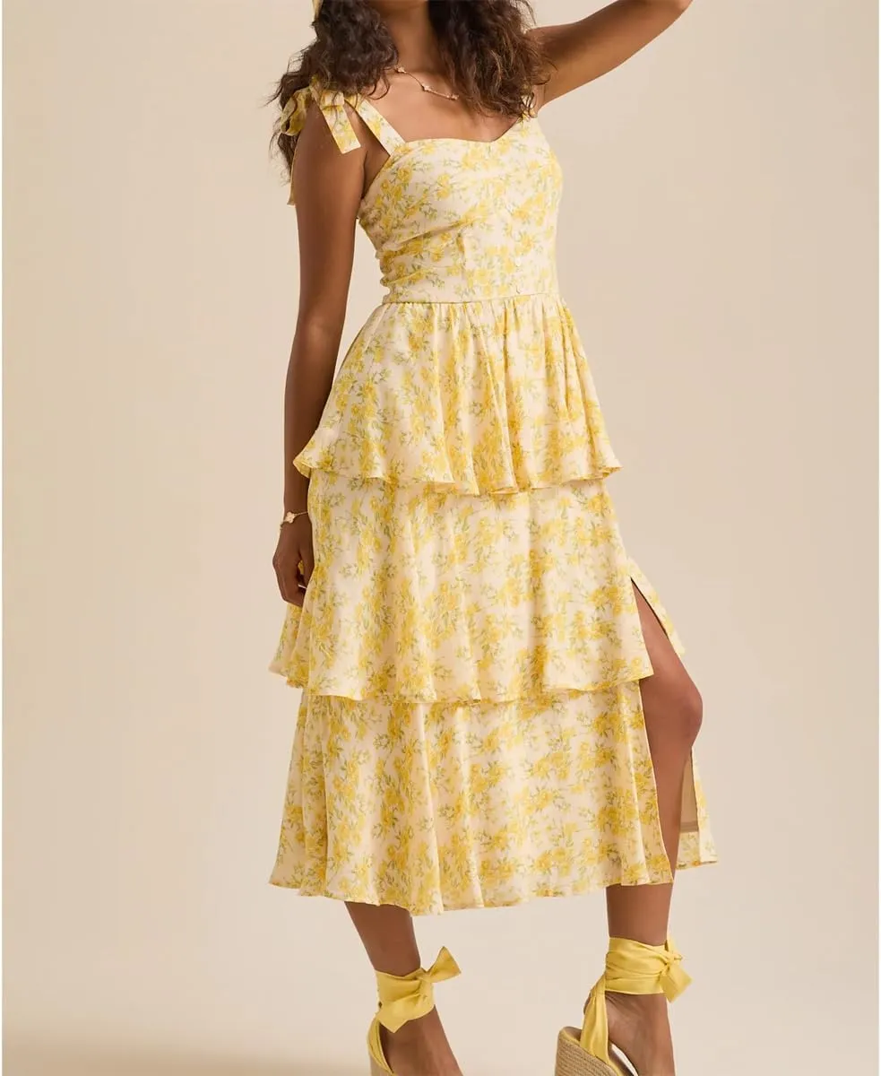 Womens Boho Floral Maxi Dress Y2K Cottage Spaghetti Strap Tiered Beach Vacation Dress Summer Long Flowy Sundress