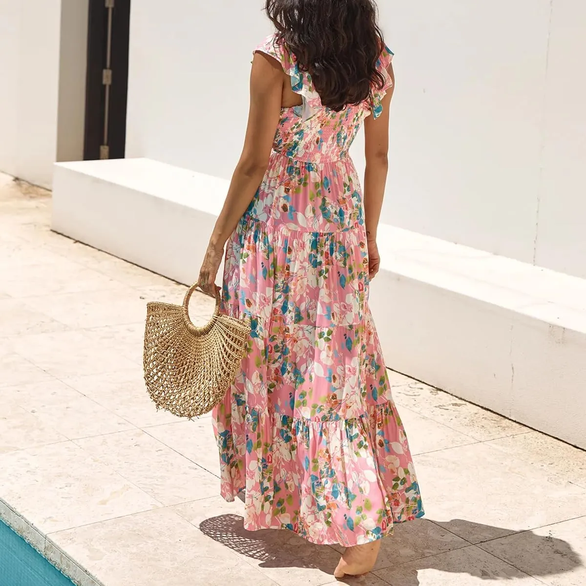 Womens Boho Floral Maxi Dress Y2K Cottage Spaghetti Strap Tiered Beach Vacation Dress Summer Long Flowy Sundress