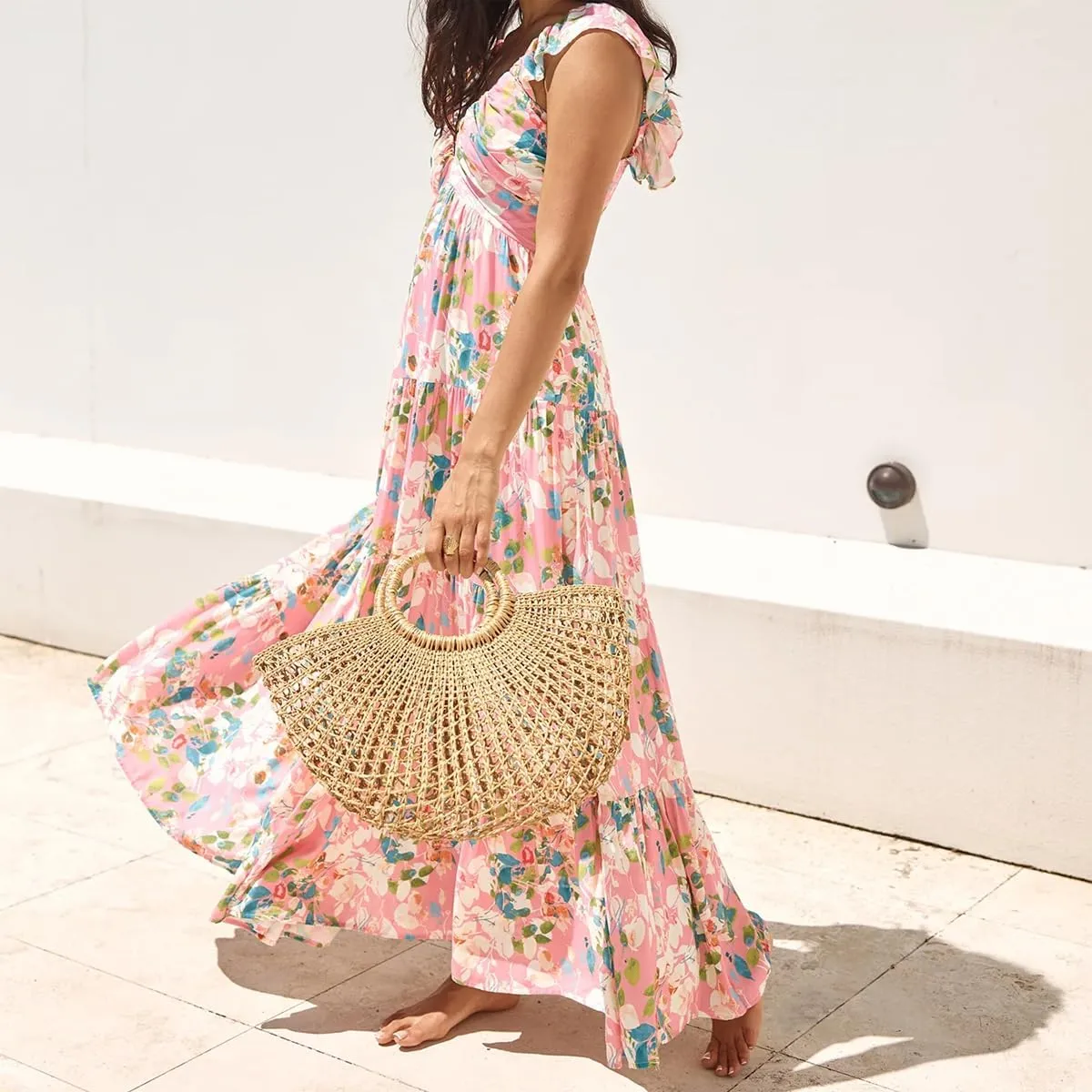 Womens Boho Floral Maxi Dress Y2K Cottage Spaghetti Strap Tiered Beach Vacation Dress Summer Long Flowy Sundress
