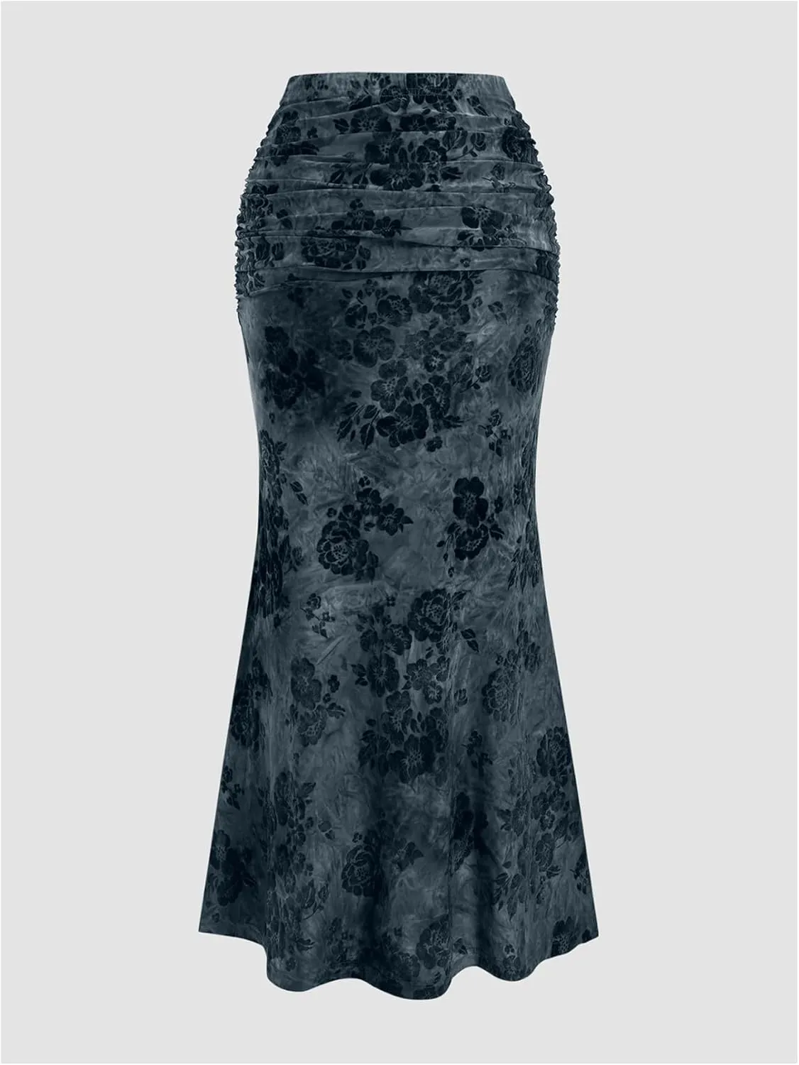 Women's Vintage Floral Ruched Fishtail Long Skirt High Waisted Bodycon Maxi Skirts