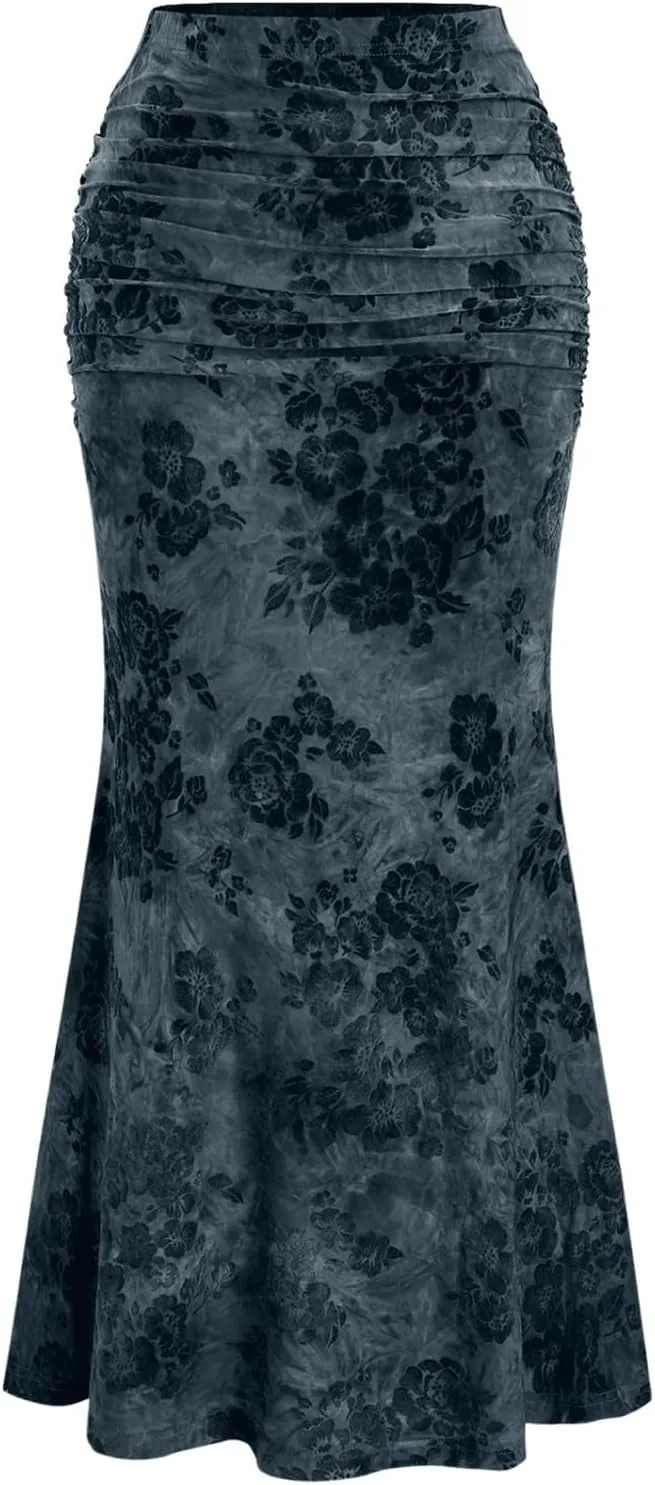 Women's Vintage Floral Ruched Fishtail Long Skirt High Waisted Bodycon Maxi Skirts