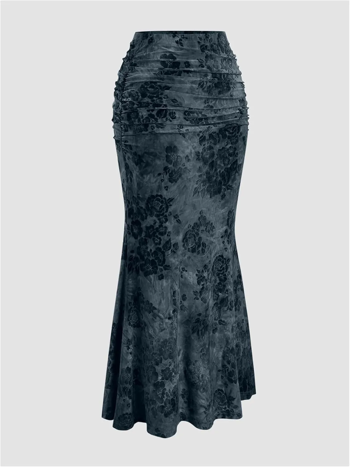 Women's Vintage Floral Ruched Fishtail Long Skirt High Waisted Bodycon Maxi Skirts
