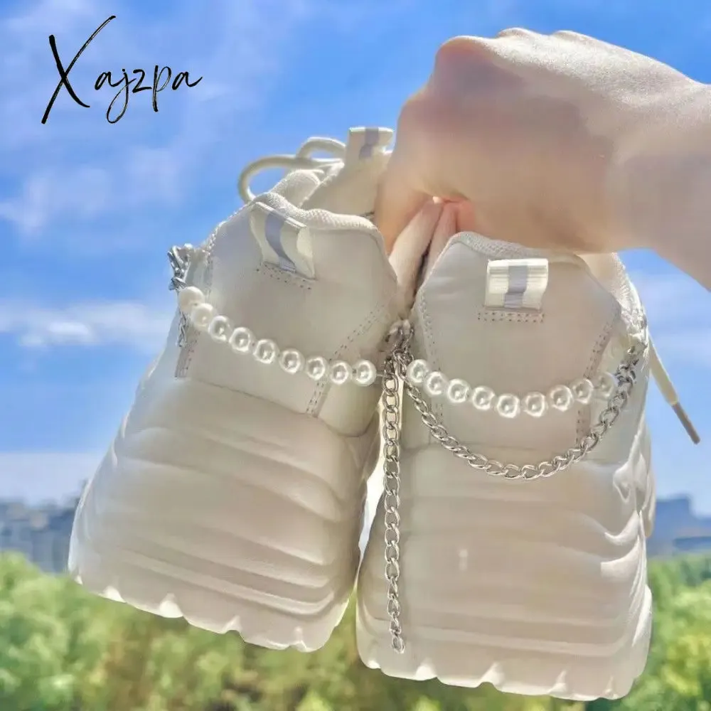 Xajzpa - Pearl Chain Platform Sneakers White Buffalo Shoes Women Vintage Chunky Sports Vulcanize Kawaii Korean Casual Tennis Female