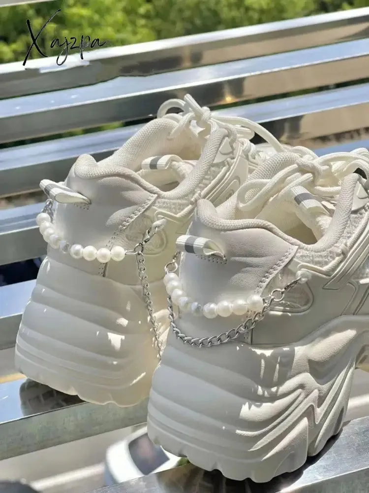 Xajzpa - Pearl Chain Platform Sneakers White Buffalo Shoes Women Vintage Chunky Sports Vulcanize Kawaii Korean Casual Tennis Female