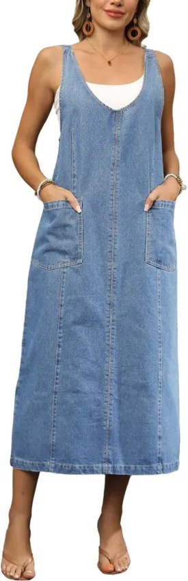 yoeasy Women's V Neck Sleeveless Denim Overall Dress Adjustable Strap Vintage Back Slit Midi Jean Dress with Pockets