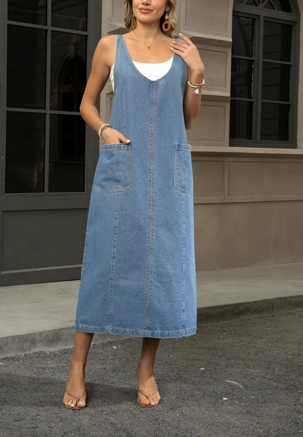 yoeasy Women's V Neck Sleeveless Denim Overall Dress Adjustable Strap Vintage Back Slit Midi Jean Dress with Pockets