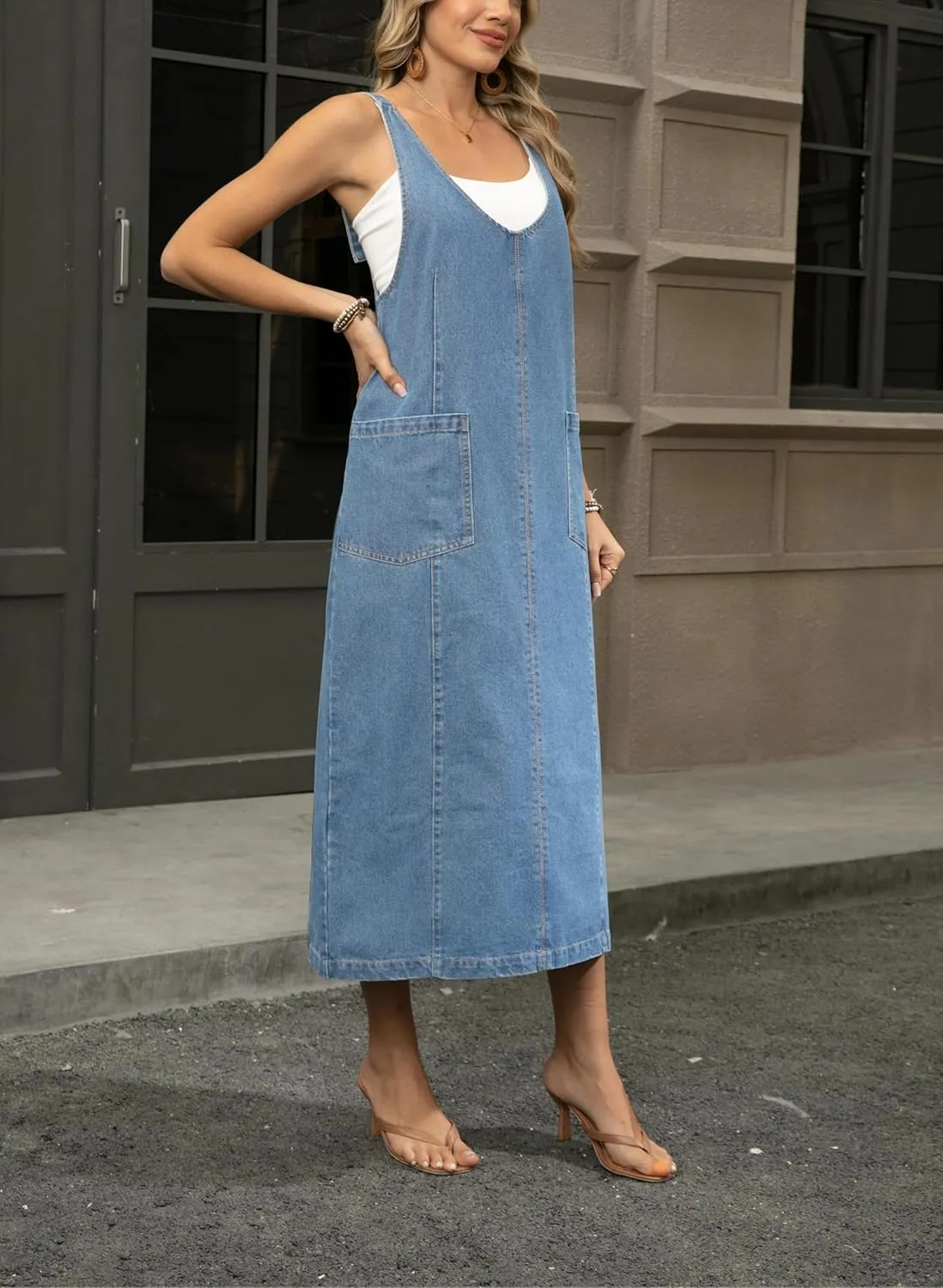 yoeasy Women's V Neck Sleeveless Denim Overall Dress Adjustable Strap Vintage Back Slit Midi Jean Dress with Pockets