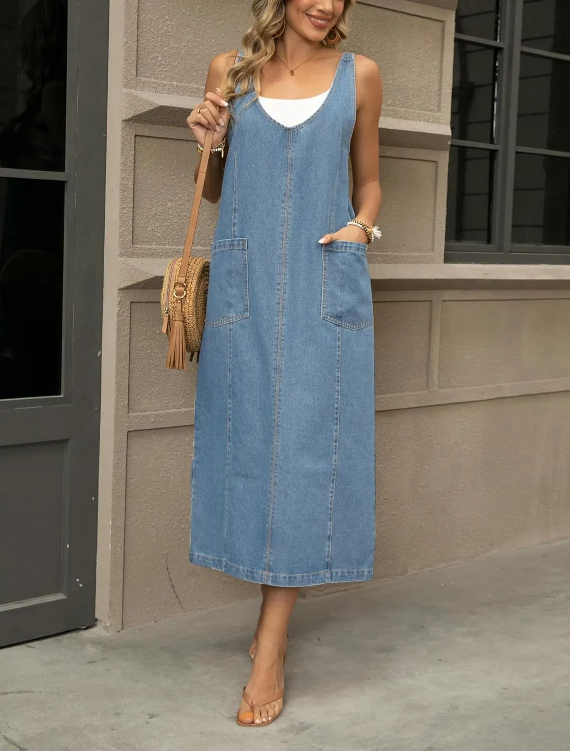 yoeasy Women's V Neck Sleeveless Denim Overall Dress Adjustable Strap Vintage Back Slit Midi Jean Dress with Pockets
