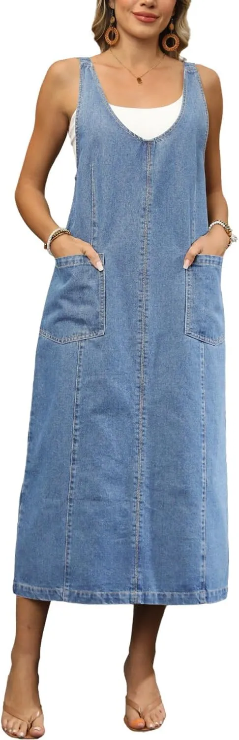 yoeasy Women's V Neck Sleeveless Denim Overall Dress Adjustable Strap Vintage Back Slit Midi Jean Dress with Pockets